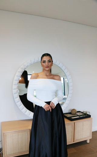 Aliyah Off shoulder Cream Ribbed-Knit Top