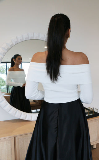 Aliyah Off shoulder Cream Ribbed-Knit Top