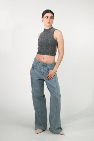 Chicago Metallic Slinky Open Back Top (Metallic Grey)