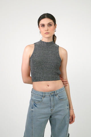 Chicago Metallic Slinky Open Back Top (Metallic Grey)