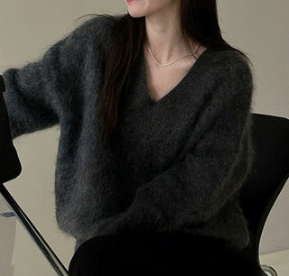 Mira Fluffy Knitted V-neck Jumper (DARK GREY)